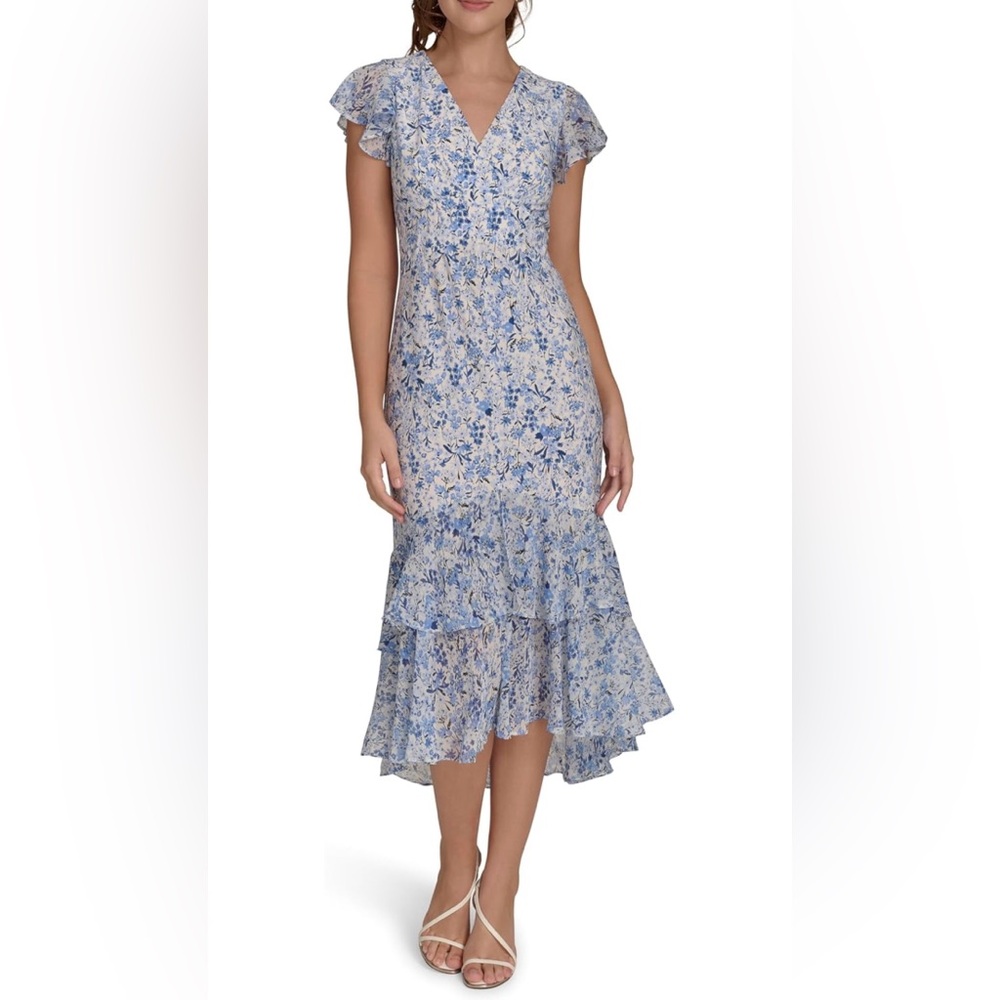 Tommy Hilfiger Flutter Sleeve High Low Tiered Skirt Dress in French Blue (Small)